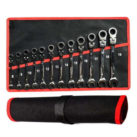 12 Piece Ratchet Spanner Set For Car Repair Universal Wrench Set shown in a black and red tool roll, displaying metric sizes.