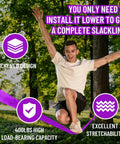 Man sitting on Dope Backyard Zipline And Slackline Kit For Kids in a park, showcasing slackline stretchability and load capacity.