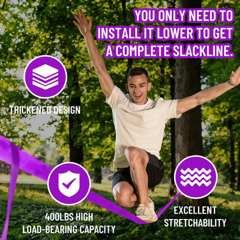 Man sitting on Dope Backyard Zipline And Slackline Kit For Kids in a park, showcasing slackline stretchability and load capacity.