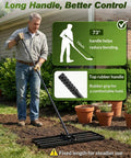 Man using Lawn Leveling Rake 30 Inch Wide Plate For Quick Yard Smoothing, Fixed Handle Lawn Leveler with rubber grip and 73-inch handle.