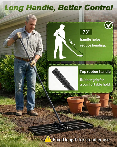 Man using Lawn Leveling Rake 30 Inch Wide Plate For Quick Yard Smoothing, Fixed Handle Lawn Leveler with rubber grip and 73-inch handle.