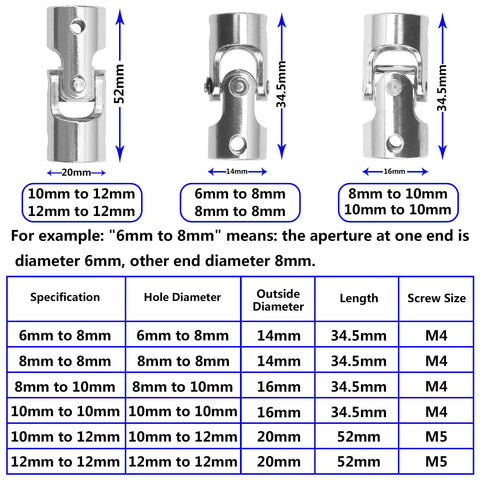 Three metal Vgoohobby universal U-joint couplers for RC/robotics with rotatable shafts; ranges 6-8 mm to 12-12 mm.
