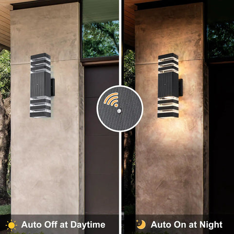 Two Pack Dusk To Dawn Outdoor Wall Lights on stone wall, auto off in daylight and auto on at night mode, black aluminum lanterns