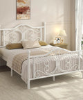 Full Size Metal Bed Frame Featuring Sculpted Butterfly Pattern Headboard In Shimmering White Polished Finish bringing elegance to a cozy bedroom.