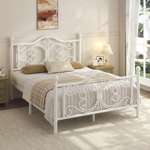 Full Size Metal Bed Frame Featuring Sculpted Butterfly Pattern Headboard In Shimmering White Polished Finish bringing elegance to a cozy bedroom.