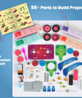 30in1 Electricity and Magnetism STEM Kit for Kids Ages 8-14 with over 50 parts laid out with instruction manual included.