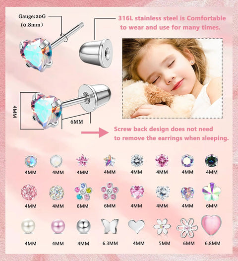 24 Pairs Hypoallergenic Earrings Set With Screw Back Studs For Girls And Women Cute Sparkly CZ Ball Star Butterfly Flower Heart Designs Flat Back Comfort For Everyday Wear Gift Ready Variety Pack, 4mm