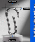 Built Tough No Rust 304 Stainless Steel Carabiner Clips 8 Pack 1360 Lb Capacity 2.36 Inch D Ring Snap Hooks For Gym Use And Dog Leashes Keychains And Outdoor Gear, shown on a display with measurements.