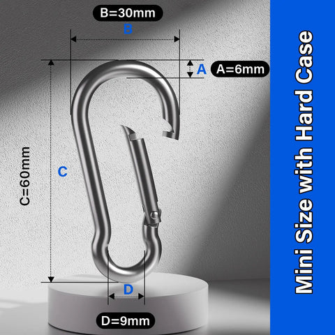 Built Tough No Rust 304 Stainless Steel Carabiner Clips 8 Pack 1360 Lb Capacity 2.36 Inch D Ring Snap Hooks For Gym Use And Dog Leashes Keychains And Outdoor Gear, shown on a display with measurements.