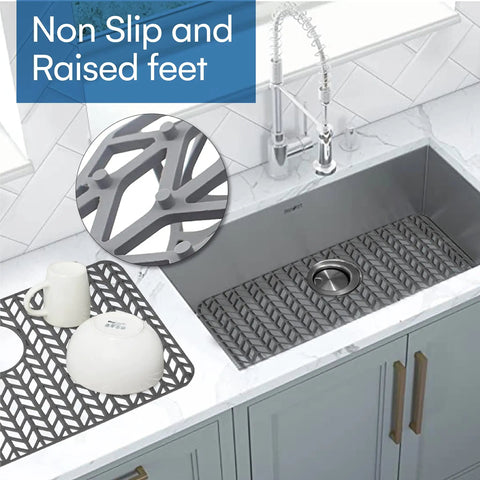 26 By 14 Inch Flexible Silicone Sink Mat With Non Slip Grid for farmhouse stainless steel sink, rear drain hole visible