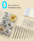 10 drill bits of different sizes in a clear box with screw eye pins and keychain loops for jewelry making.