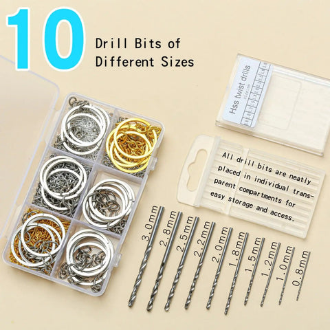 10 drill bits of different sizes in a clear box with screw eye pins and keychain loops for jewelry making.