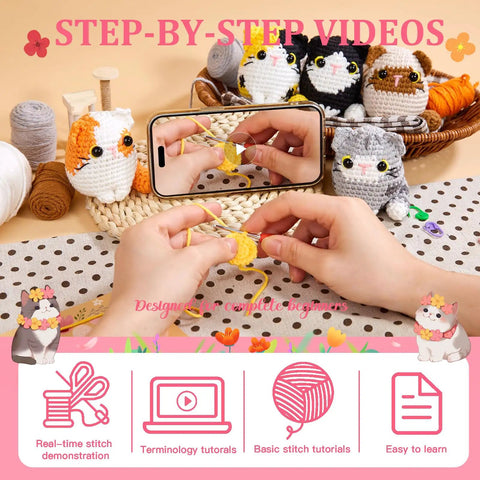 Easy Peasy Beginner Crochet Kit For Amigurumi Cats Five Pack Includes Step By Step Video Tutorials With hands crocheting cat