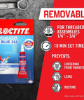 Tough As Nails Medium Strength Threadlocker Glue Secures Nuts Bolts And Fasteners Against Shake Out Vibrations Rusty Threads Removable Formula 12 Pack Of 6 Ml Tubes, blue threaded glue bottle on package.