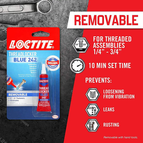 Tough As Nails Medium Strength Threadlocker Glue Secures Nuts Bolts And Fasteners Against Shake Out Vibrations Rusty Threads Removable Formula 12 Pack Of 6 Ml Tubes, blue threaded glue bottle on package.