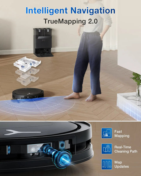 T50 Pro Omni Robot Vacuum and Mop with Ultra Slim 3.19 Inch Body, 15000Pa Suction, showing navigation and mapping features