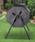 Side view of Large 43 Gallon Dual Chamber Rotating Tumbling Compost Bin With Two Sliding Doors And Steel Frame BPA Free for gardens.