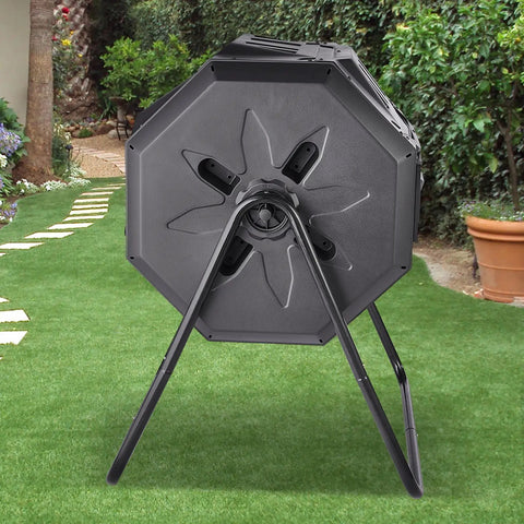 Side view of Large 43 Gallon Dual Chamber Rotating Tumbling Compost Bin With Two Sliding Doors And Steel Frame BPA Free for gardens.