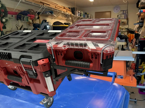 Foldable Side Mount Rack for Milwaukee Packout System, heavy duty side storage organizer in red, wall or floor mount, 100 lb capacity