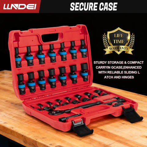 Swivel Impact Socket Set 27-Piece Three Eighths Inch Drive Heavy Duty CR-MO With 6-Point Wobble Sockets in red case