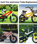 Four children's bikes showcasing the Kids 14 Inch Bike Tire and Inner Tube Set Heavy Duty 14x1.75 with 32mm Schrader Valve.