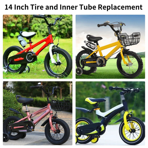 Four children's bikes showcasing the Kids 14 Inch Bike Tire and Inner Tube Set Heavy Duty 14x1.75 with 32mm Schrader Valve.