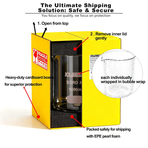 Packaging of 7 Piece Glass Beaker Set For Lab And Classroom With Printed Graduations 10Ml To 1000Ml Borosilicate Glass