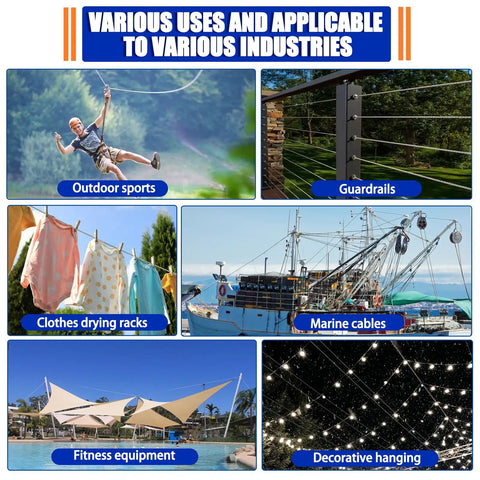 Various uses of Stainless Steel Cable 5/16 Inch 25 Foot With Loops 7x19 Strand Beefy Heavy Duty Wire Rope Kit for industries