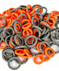 Pile of orange and grey O-rings from the Orange And Grey Quick Disconnect O Ring Set For One Quarter And Three Eighths Inch Pressure Washer Couplers 50 Pack Twenty Five Plus Twenty Five High Temperature O Rings For Up To Two Hundred Twelve Degrees Fahrenheit.