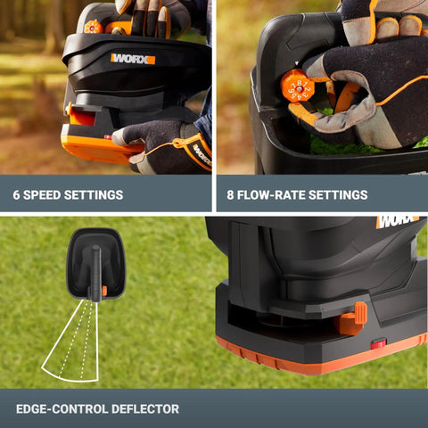 20V Cordless Seed Spreader with 6 Speed and 8 Flow Rate Settings for Lawns, shown with edge-control deflector on grass