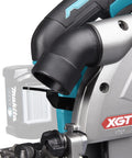 Heavy Hitter 40 Volt Cordless Circular Saw With Dual Five Amp Hour Battery Packs And A Precision 235 Millimeter Cutter Blade side view of the dust port.
