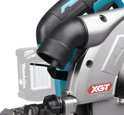 Heavy Hitter 40 Volt Cordless Circular Saw With Dual Five Amp Hour Battery Packs And A Precision 235 Millimeter Cutter Blade side view of the dust port.