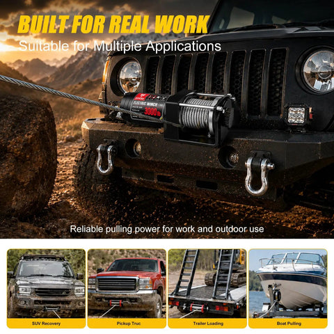 Zehuax 3000LBS 12V DC Electric Winch With Waterproof Steel Cable mounted on ATV for off-road recovery and towing.