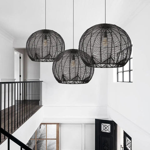 Three Small Black Rattan Pendant Lights For Kitchen Island And Living Room Ceiling, Boho Wicker Chandeliers in airy room