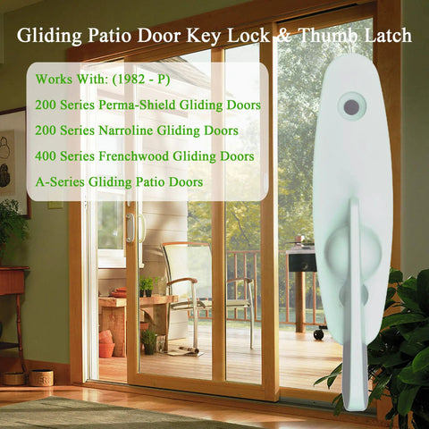 Go-To Gliding Patio Door Lock Replacement Set With Heavy Duty Keyed Cylinder And Quick Swap Thumb Latch For Andersen Tribeca Compatible Openers In Sharp White Diecast Two Nine Sixteen Inch Mounting, showing key lock and thumb latch.