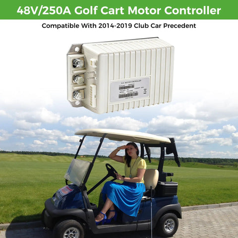 DC Speed Motor Controller For Club Car Precedent 2014-2019 Models, 48V 250A With MCOR3 Throttle displayed alongside golf cart