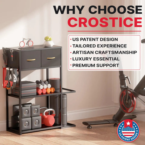Versatile Sturdy Adjustable 4 Tier Home Gym Storage Rack Featuring Strong Steel Frame And Soft Drawer Top For Organizing Dumbbells and gear.