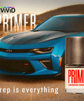 Multi Surface Adhesion Promoter Primer For Vinyl Wrap Prep And Paint Adhesion Booster On Metal Plastic Rubber Concrete Wood For Hella Strong Bond And Sweet Finish Results displayed next to blue sports car.