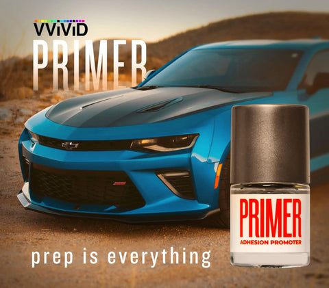 Multi Surface Adhesion Promoter Primer For Vinyl Wrap Prep And Paint Adhesion Booster On Metal Plastic Rubber Concrete Wood For Hella Strong Bond And Sweet Finish Results displayed next to blue sports car.