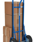 Beefy Heavy Duty P Handle Hand Truck With Pneumatic Wheels Steel Dolly Cart 600 Lb Capacity Blue Finish Easy One Hand Steering And Smooth Roll For Heavy Gear Perfect For Warehouse And Shop Moving carrying boxes
