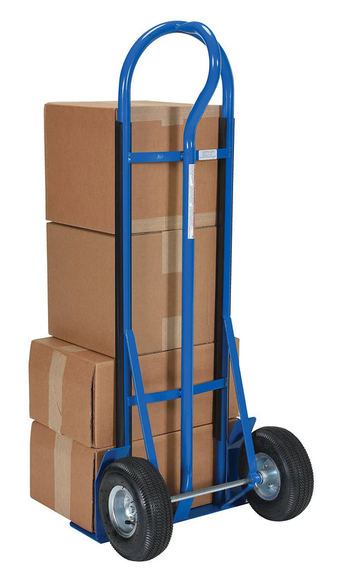 Beefy Heavy Duty P Handle Hand Truck With Pneumatic Wheels Steel Dolly Cart 600 Lb Capacity Blue Finish Easy One Hand Steering And Smooth Roll For Heavy Gear Perfect For Warehouse And Shop Moving carrying boxes