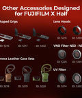 Image displaying L-Shaped grips, lens hoods, filters, and leather cases for Fujifilm X Half.