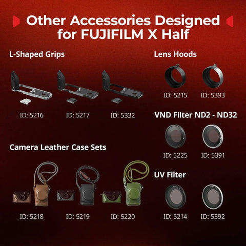 Image displaying L-Shaped grips, lens hoods, filters, and leather cases for Fujifilm X Half.