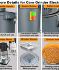 Electric Grain Mill Grinder With Seven Grinding Sieves And 15.8 Gallons showing handle, switch, lock, motor, sievers, grain inlet