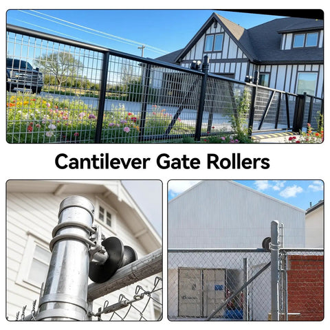 Heavy Duty Nylon Cantilever Sliding Gate Roller For Four Inch Posts And Two And Three Eighths Or Two And A Half Inch Chain Link Frames High Load Capacity Over Four Thousand Pounds Durable Cantilever Gate Hardware Single Roller in use.