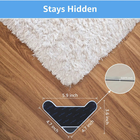 Non Slip Triangle Rug Grippers 16 Pack For Area Rugs Dual Sided Rug Pads For Hardwood Floors And Tiles Reusable Adhesive Carpet Tape That Keeps Rugs Staying Put From Curling Or Slipping Black under corner of white rug on hardwood floor