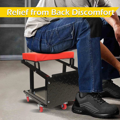 Mechanics Garage Creeper Seat And Stool Combo 300 LB Capacity, 5 Wheel Mobile Workshop Chair That Transforms From Creeper To Stool, Durable Build, Easy Rolling For Cars, Tools, And DIY Projects. Red padded creeper stool under a seated mechanic
