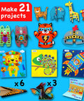All In One Arts And Crafts Kit For Kids Aged 4 To 8, 21 Kid Friendly Projects Like Felt Masks, 3D Puzzles, Paper Airplanes, Gem Art, Scratch Art And More, Pre Cut Materials And Simple Hands On Step By Step Guides. 21 craft projects on blue display, animal and rocket cards