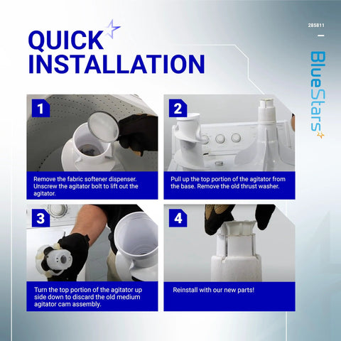 Agitator repair kit 285811 for Whirlpool/Kenmore washers; quick-installation guide with BlueStars branding