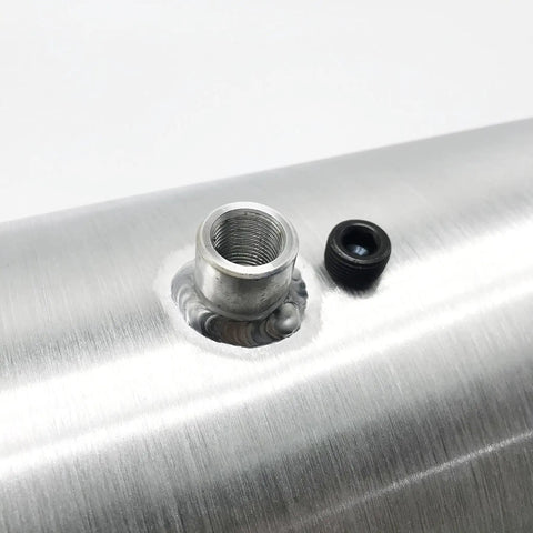Close-up of Aluminum Fuel Tank 5 Gallon For Cars And Hot Rods 8x24 Inch Center Fill One Quarter Inch NPT Outlet Gas Tank